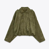 GETADME Vintage Suede Zipper Jacket Women Casual Oversized Lapel Green Long Sleeve Bomber Coats 2025 Spring Street Chic Outerwear Tops