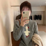 GETADME Women's new wool sweater high-end O-neck embroidered pullover sweater autumn and winter loose fashion shirt casual warm knit top