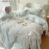 GETADME 3/4Pcs Korean Princess-Style Bow Lace Ruffle Green Bedding Set 2-Person Boiled Cotton Bed Linen Duvet Cover Pillowcase Included
