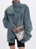 Getadme Women's Denim Coat Turtleneck Single Breasted Full Sleeve Patchwork Versatile Jacke Fashion Autumn Streetwear Denim Overcoat