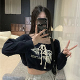 GETADME  Y2K Crop Sweatshirts Women Streetwear Print Bandage Hoodies Vintage Korean Off Shoulder Pullover Long Sleeve Casual Tops