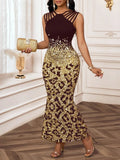 GETADME Elegant Leopard Print Sequin Fishtail Dress for Women, Black & Gold, Sleeveless, Party Evening Wear
