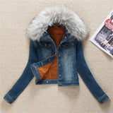 GETADME 2025 Autumn Winter Fleece Denim Jacket Women Big Fur Collar Short Coat Thicken Velvet Liner Warm Tops Lady Jean Coat Outerwear