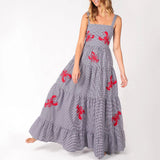 GETADME Women Cute Embroidered Maxi Dress Beach Dress Summer Boho Ruffle Long Dress Spaghetti Strap Flowy Maxi Dress