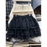 GETADME 가을/겨울 하이웨이스트 슬리밍 화이트 벌룬 스커트 여성용 레이스와 신축성 허리 밴드 미니 드레스