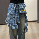 GETADME Adjustable Star Layer Outfits Plaid Skirt Hip-hop Sweet Lace Up Hip Scarf Korean Style Y2K Ruffled Edge Waistband Jeans Decor