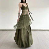 GETADME Lace Patchwork Women Camis Dress French Elegant Hepburn Style Splicing Midi Dress Y2K Streetwear Hot Girls Vacation Vestidos