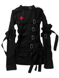 GETADME Punk Goth Bondage Strap Buckle Jacket Women Zip‑Up Flare Long Sleeve Top Dark Aesthetic Y2K StreetwearAdjustable StrapOuterwear