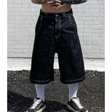 GETADME Men Denim Shorts American Vintage Streetwear Shorts Harajuku Unisex Loose Fit Straight Leg Five Length West Coast Casual Fashion