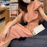 GETADME 투피스 스커트 여성 여름 신상 프랑스 기질 부드러운 바람 정장 버블 슬리브 티셔츠 탄력 허리 A 스플릿 스커트