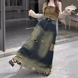 GETADME American Style Vintage Washable Fringed Denim Skirt For Women Trendy Long A- line Flared Hemline Distressed