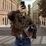GETADME Vintage Brown Suede Women's Jackets Turn Down Collar Long Sleeve Single Breasted Female Pockets Coats 2025 Autumn Ladies Outwear