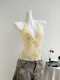 GETADME Women's Lace Camisole Tank Tops, Cream Halter Stretch Crop Dressy Tops for Date and Evening Events