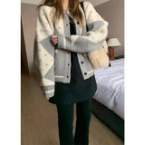 GETADME Vintage Print Knitted Cardigan Women Harajuku Patchwork Sweater Outerwears Korean Long Sleeve Knitwears Winter Casual Jumpers