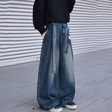 GETADME Korean Style Design Belt Jeans Men'S Casual Loose Retro Blue Straight Leg Pants High Street Wide Leg Pants