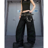 GETADME American Retro Printed Denim Pants Women's Loose Straight Leg Wide Leg Bla Pants Summer  New Design Casual Cotton Jeans ﻿
