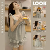 GETADME 섹시 나이트웨어 민소매 파자마 레이스 플레드 퓨어 디자이어 윈드 캐미솔 반바지 여성 홈웨어 투피스 그레이 잠옷 라운지웨어