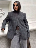 GETADME HH Women Fashion Plaid Blazer Coat Stand Collar Long Sleeve Jacket 2026 Spring Trend Casual Office Lady Chic Outerwear