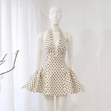 Getadme SylCue 홀터넥 딥 V 드레스 웨이브 포인트 불규칙 패치워크 백리스 셰이프 웨이스트 캐주얼 패션 스위트 슬리머 다재다능한 바디콘