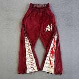 GETADME Y2K E-Girl Burgundy Washed Pants Women Side Zipper Gothic Religious Print Distressed Wide Leg Joggers 2026