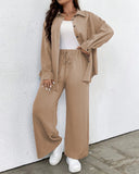 GETADME Set large size long sleeved shirt top solid color lace up pants