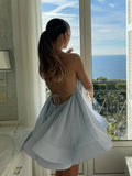 GETADME Sexy Backless Lace Up Blue Ruffles Mini Dress For Women Fashion V-neck Sling Pleated Vestidos 2025 Lady Beach Vacation Gowns New