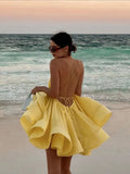 GETADME Sexy Backless Lace Up Blue Ruffles Mini Dress For Women Fashion V-neck Sling Pleated Vestidos 2025 Lady Beach Vacation Gowns New