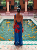 GETADME Sexy Big Backless Blue Printed 2025 Summer New Split Slim Long Dress Women Square Neck Sleeveless High Split Maxi Dresses A3154