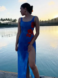 GETADME Sexy Big Backless Blue Printed 2025 Summer New Split Slim Long Dress Women Square Neck Sleeveless High Split Maxi Dresses A3154