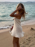 GETADME Sexy Crochet Halter V Neck Chic Ruffle Knit Beach Mini Dress 2025 Women Comfy Swimsuit Cover Up Seaside Holiday Club Dresses K58