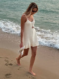 GETADME Sexy Crochet Halter V Neck Chic Ruffle Knit Beach Mini Dress 2025 Women Comfy Swimsuit Cover Up Seaside Holiday Club Dresses K58
