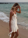 GETADME Sexy Crochet Halter V Neck Chic Ruffle Knit Beach Mini Dress 2025 Women Comfy Swimsuit Cover Up Seaside Holiday Club Dresses K58