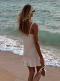 GETADME Sexy Crochet Halter V Neck Chic Ruffle Knit Beach Mini Dress 2025 Women Comfy Swimsuit Cover Up Seaside Holiday Club Dresses K58