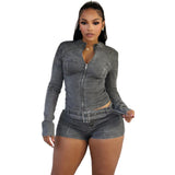 GETADME Sexy Denim Womens 2 Two Piece Set Stretchy Long Sleeve Zip Up Slim Jackets and Shorts Suits Y2k Streetwear Belt Jean Outfit Sets