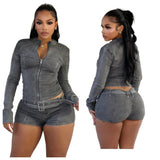 GETADME Sexy Denim Womens 2 Two Piece Set Stretchy Long Sleeve Zip Up Slim Jackets and Shorts Suits Y2k Streetwear Belt Jean Outfit Sets