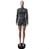 GETADME Sexy Denim Womens 2 Two Piece Set Stretchy Long Sleeve Zip Up Slim Jackets and Shorts Suits Y2k Streetwear Belt Jean Outfit Sets