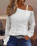 GETADME Sexy Elegant Off Shoulder White Lace Women Tops And Blouses 2025 Autumn Long Sleeve Top Femme Print Metal Buckle Office Blouse