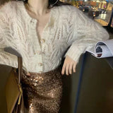 GETADME Sexy Hollow Out Knitted Cardigan Women 2022 Autumn Single-Breasted V-Neck Sweaters Korean Style Long Sleeve Knitwear Jumpers