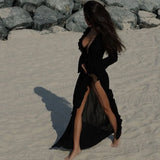 GETADME 섹시 핫걸 러플 화이트 카디건 비치 비키니 얇은 선크림 옷 플레어 슬리브 투명 여름 커버업 여성 롱 드레스