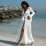 GETADME 섹시 핫걸 러플 화이트 카디건 비치 비키니 얇은 선크림 옷 플레어 슬리브 투명 여름 커버업 여성 롱 드레스