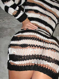 GETADME Sexy Knit Sweater Wrap Hip Dress 2025 Fall Women's Long Sleeve Striped Dresses Hollow Out Knitted Sweater Mini Bodycon A3057