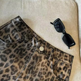 GETADME Sexy Leopard Print PU Leather Shorts Women Black High Waist Leather Shorts with Belt