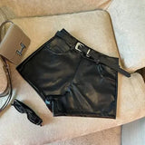 GETADME Sexy Leopard Print PU Leather Shorts Women Black High Waist Leather Shorts with Belt