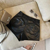 GETADME Sexy Leopard Print PU Leather Shorts Women Black High Waist Leather Shorts with Belt