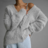 GETADME Sexy Mohair Cardigan for Women Loose Long Sleeve Single Breasted Knitted Pullover 2025 Autumn Chic Lady Streetwear Sweater Coat