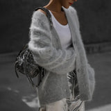 GETADME Sexy Mohair Cardigan for Women Loose Long Sleeve Single Breasted Knitted Pullover 2025 Autumn Chic Lady Streetwear Sweater Coat