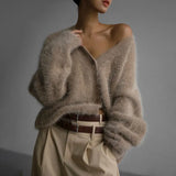 GETADME Sexy Mohair Cardigan for Women Loose Long Sleeve Single Breasted Knitted Pullover 2025 Autumn Chic Lady Streetwear Sweater Coat