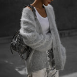 GETADME Sexy Mohair Cardigan for Women Loose Long Sleeve Single Breasted Knitted Pullover 2025 Autumn Chic Lady Streetwear Sweater Coat