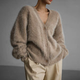 GETADME Sexy Mohair Cardigan for Women Loose Long Sleeve Single Breasted Knitted Pullover 2025 Autumn Chic Lady Streetwear Sweater Coat