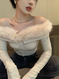 GETADME Sexy Popular Off Shoulder Plush Tops Women 2025 Autumn Slim Fit Sweaters Mujer Y2k E-Girl Long Sleeve Bottoming Pullovers